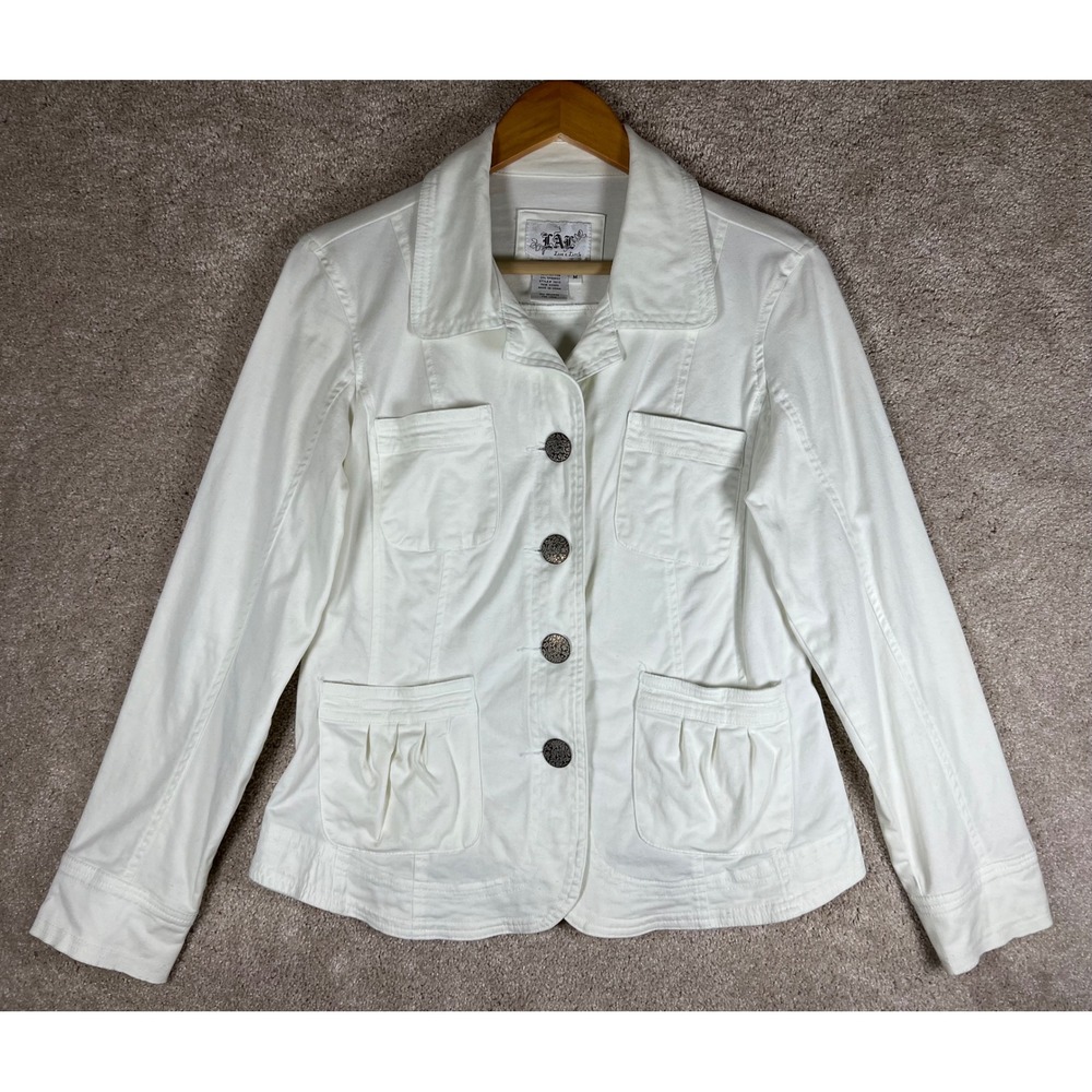 LAL Live A Little White Cotton Blend‎ Button Front Jacket Size M Stretch Cottage
